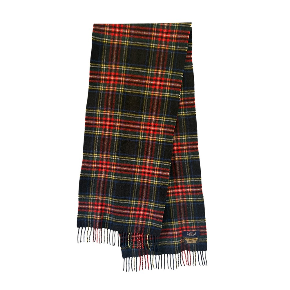 Black Stewart Tartan Plaid 100% Cashmere Scarf Made In Scotland Vintage Holiday